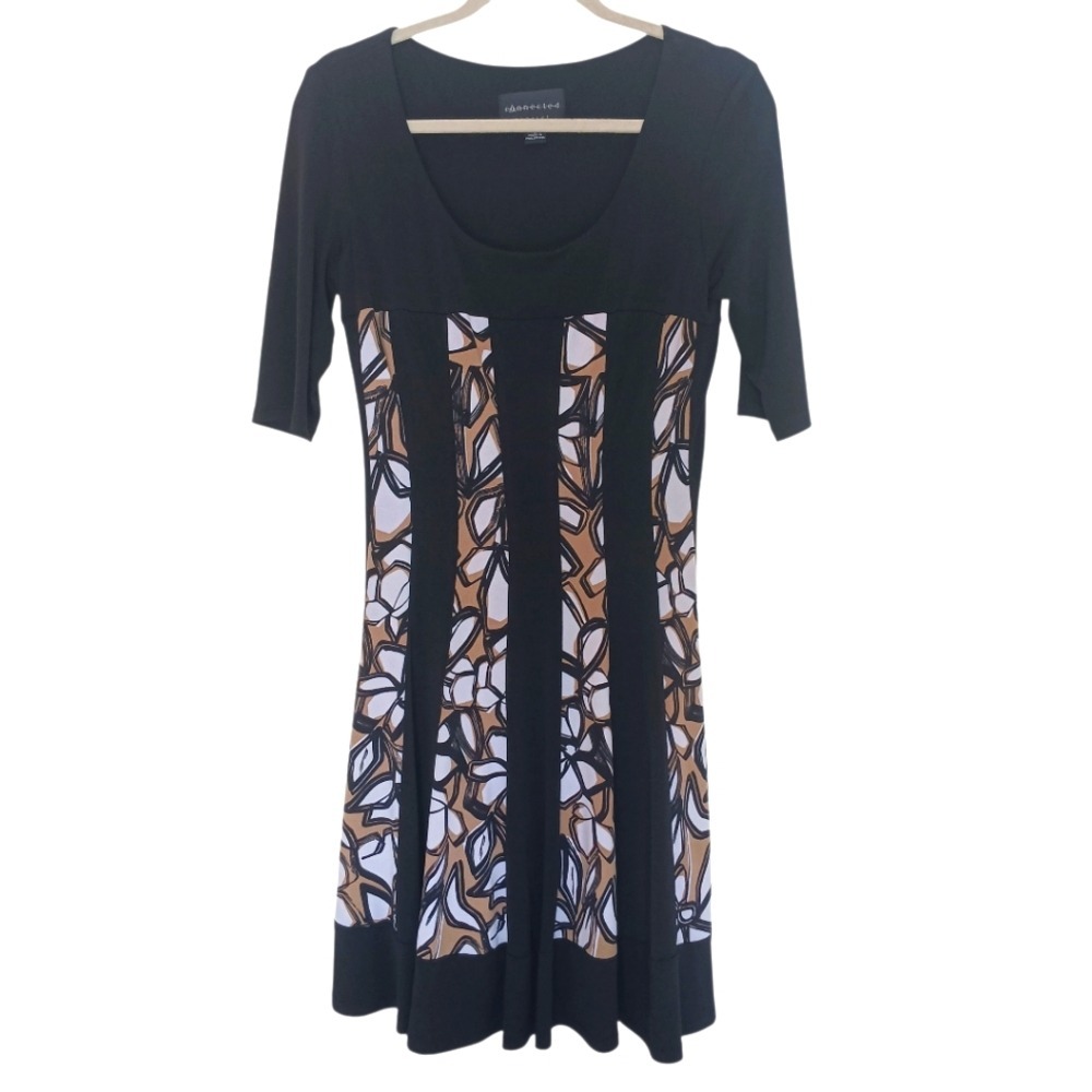 Connected Apparel Fit Flare Dress Womens 6 Black Floral Paneled Scoop Neck